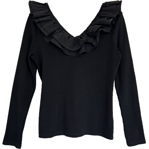 Dolan Left Coast Ruffled V-Neck Top Black M Ribbed Knit Feminine Ruffle Blouse - Picture 6 of 9